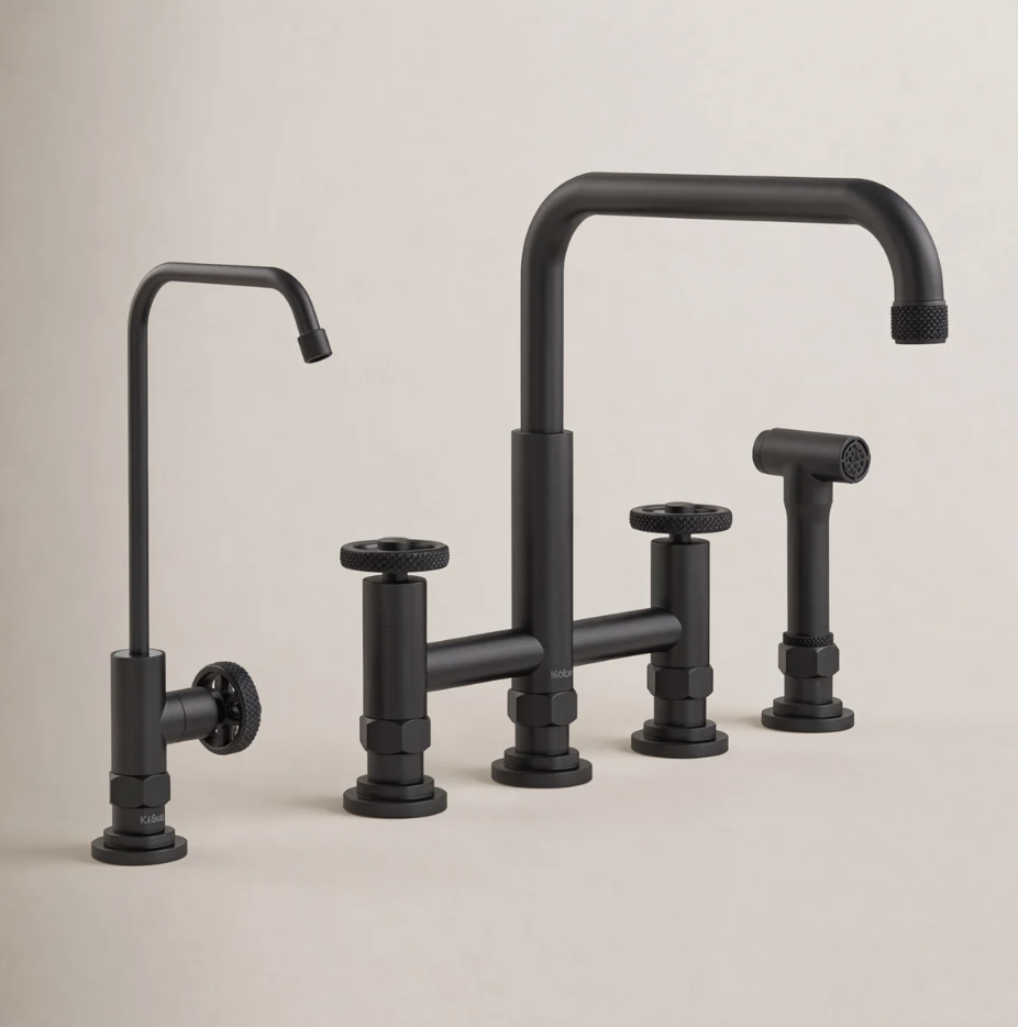 Kraus Urbix matte black bridge faucet, side sprayer and matching filtered-water tap shown together