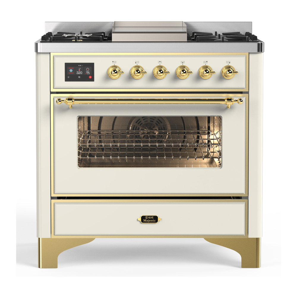 ILVE Majestic III 36 inch range in Antique White with brass trim