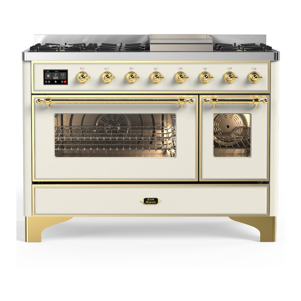 ILVE Majestic III 48 inch range in Antique White with brass trim