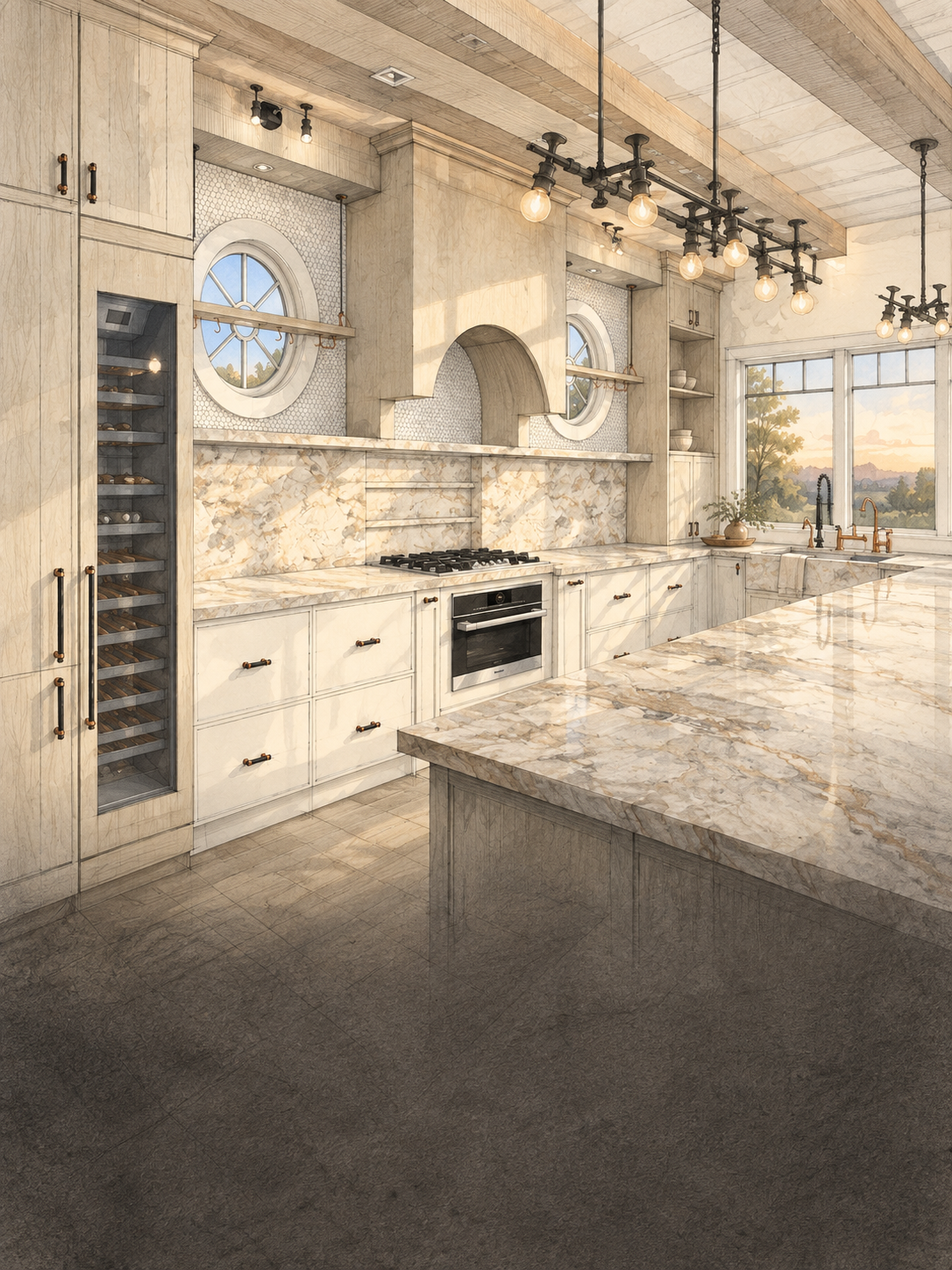 Hand-drawn architectural sketch of a K Cole kitchen design