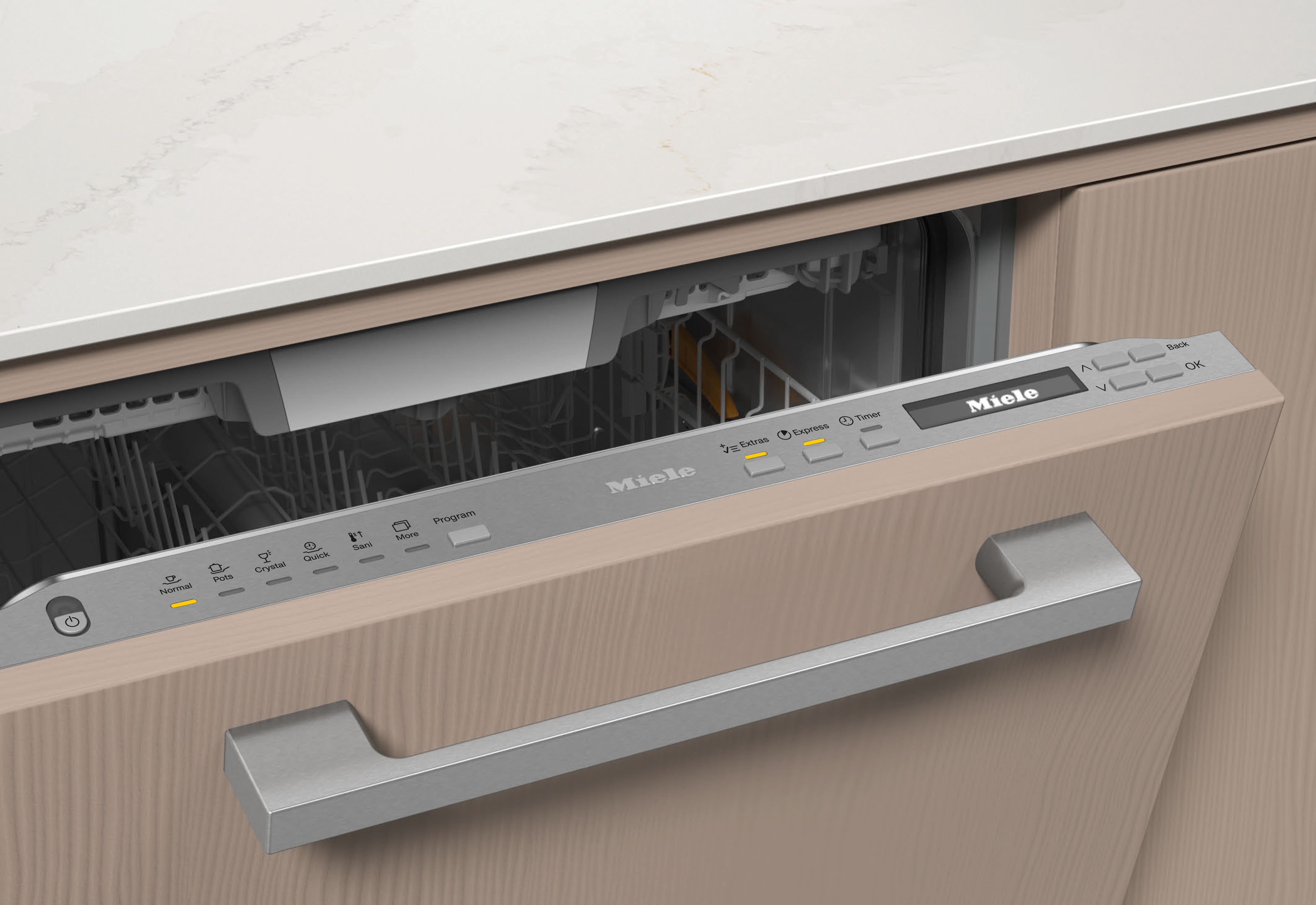Miele G 7266 SCVi panel-ready dishwasher shown open